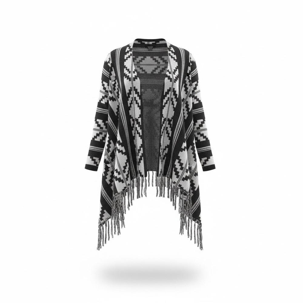 Billabong Traveling Moon, Southwestern print,w/fringe open front cardigan,size S
